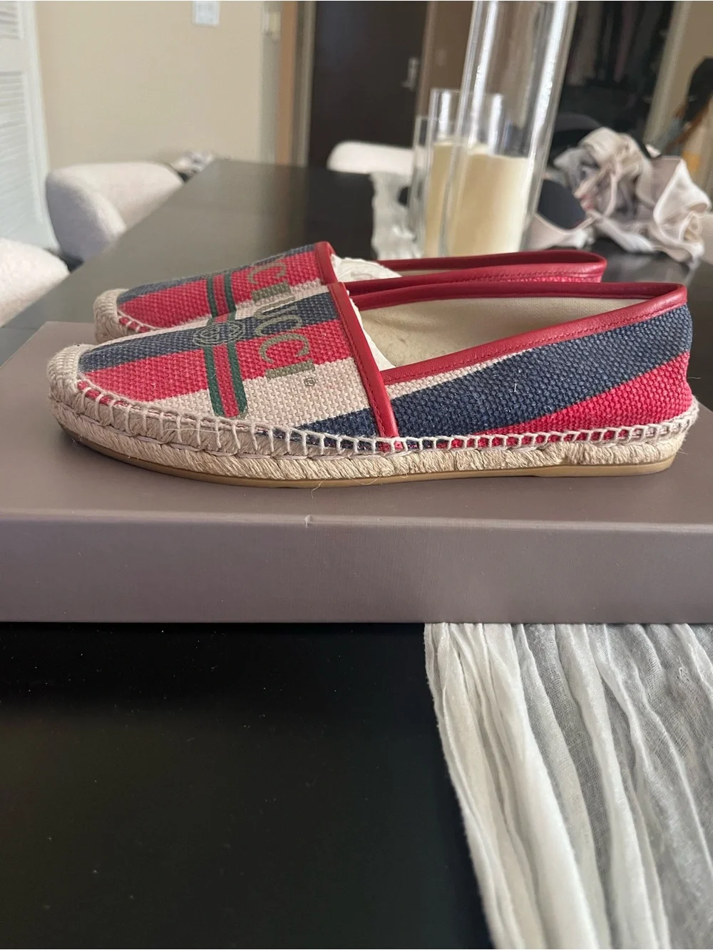Gucci Red, Blue & White Canvas Logo Espadrille Slip-Ons - Picture 6 of 11